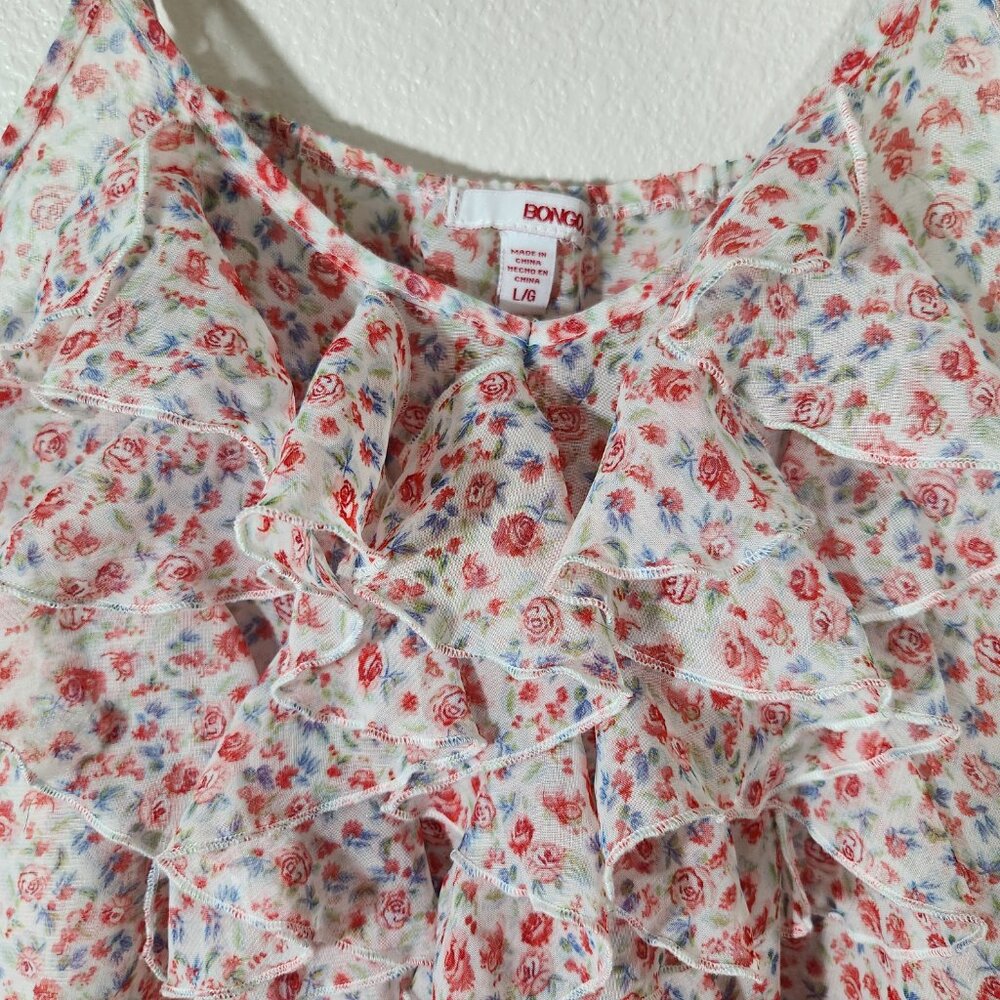 BONGO Prairie Style Sheer Floral Roses Ruffled Top Sz L - Picture 5 of 13